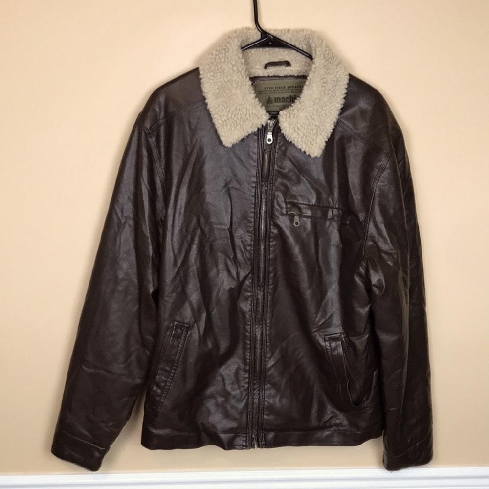 Type Field Apparel Men’s Faux Leather Brown Cream Faux Fur Sherpa Bomber Jacket